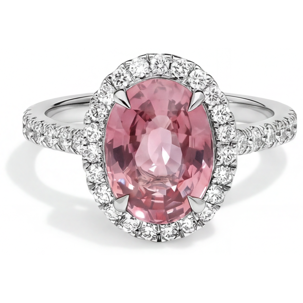 Anello di Fidanzamento Halo con Zaffiro Pesca Padparadscha Naturale Ovale da 2,8 Carati in Oro Bianco 14K