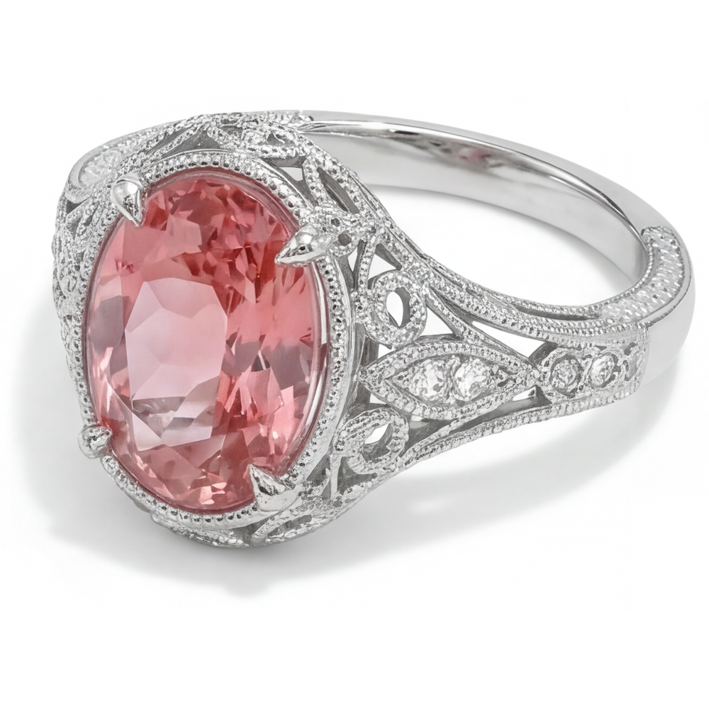 Anello con zaffiro Padparadscha naturale da 3,3 carati taglio ovale con pavé in Oro Bianco 14K