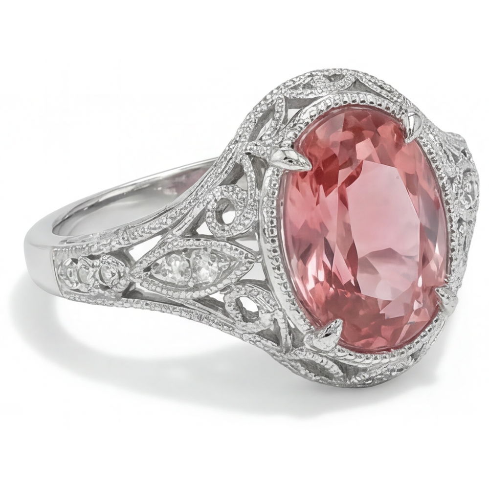 Anello con zaffiro Padparadscha naturale da 3,3 carati taglio ovale con pavé in Oro Bianco 14K