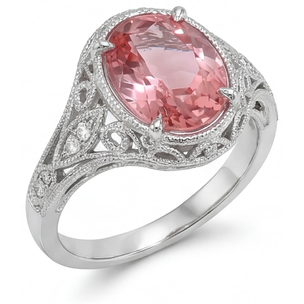 Anello con zaffiro Padparadscha naturale da 3,3 carati taglio ovale con pavé in Oro Bianco 14K