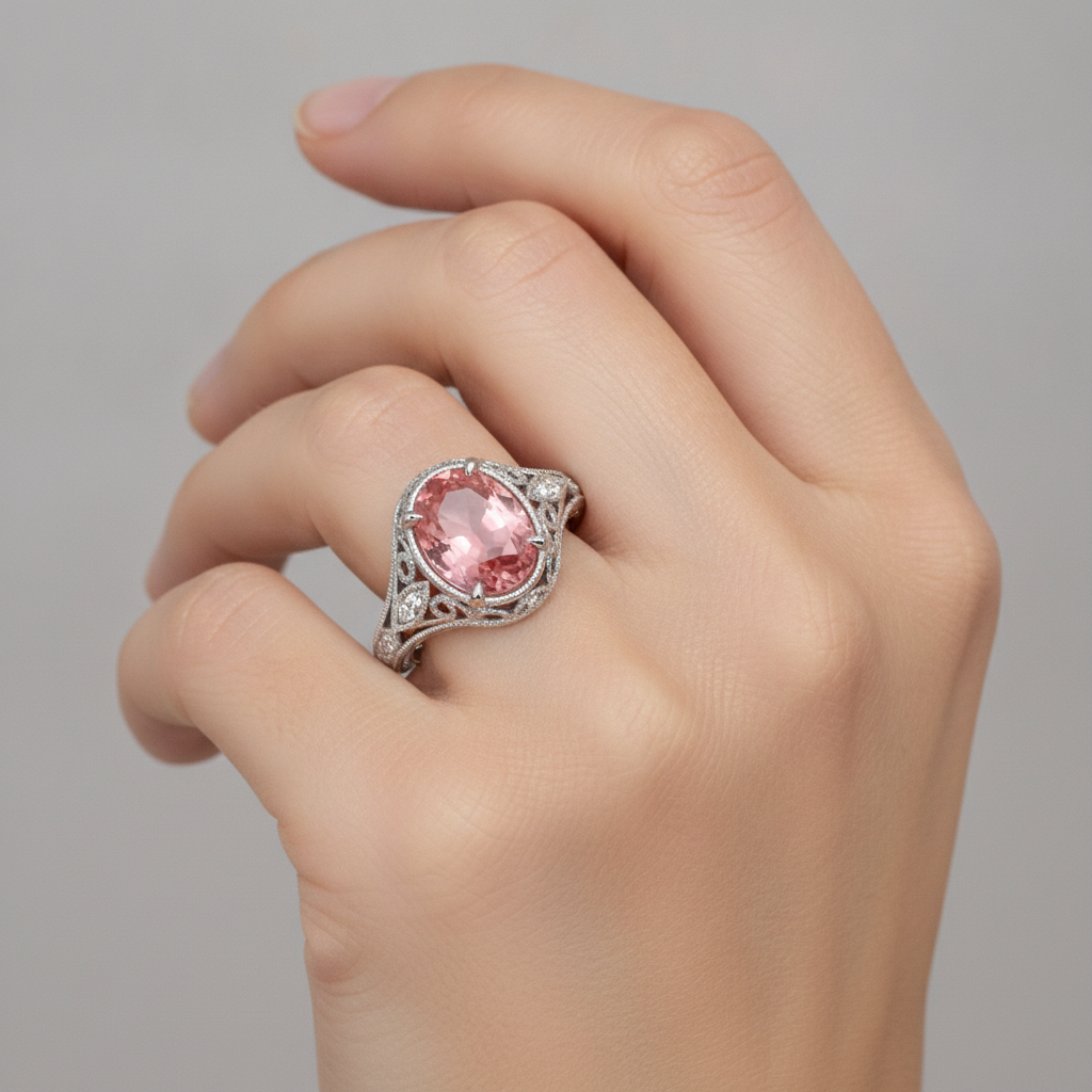 Anello con zaffiro Padparadscha naturale da 3,3 carati taglio ovale con pavé in Oro Bianco 14K