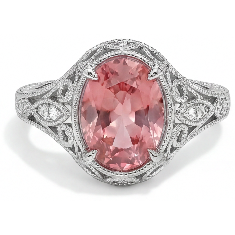 Anello con zaffiro Padparadscha naturale da 3,3 carati taglio ovale con pavé in Oro Bianco 14K