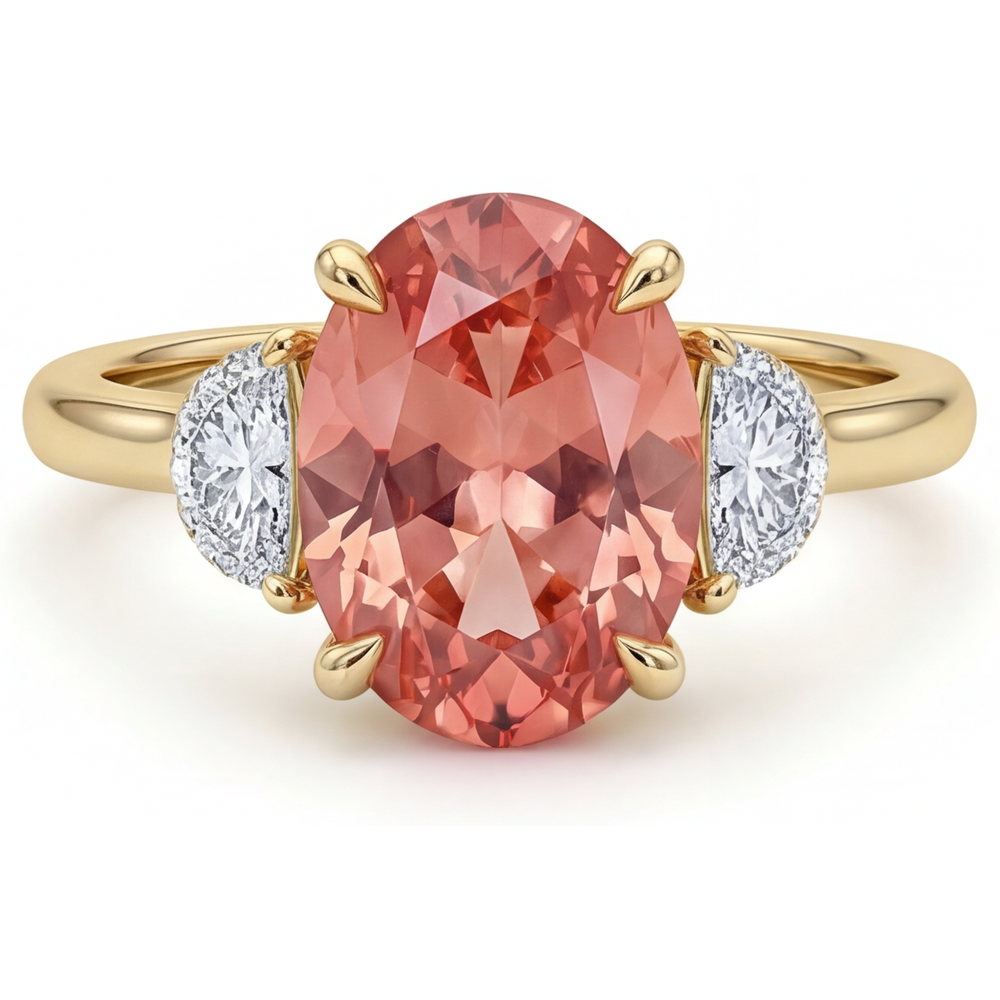 Anello a tre pietre in Oro Giallo 14K con zaffiro Padparadscha ovale naturale color pesca da 2,9 carati e mezze lune bianche
