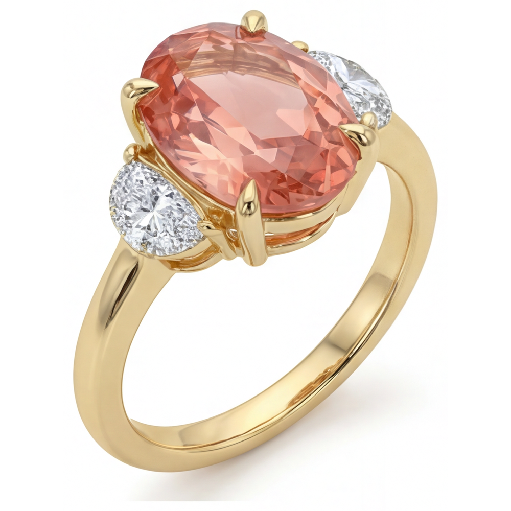 Anello a tre pietre in Oro Giallo 14K con zaffiro Padparadscha ovale naturale color pesca da 2,9 carati e mezze lune bianche
