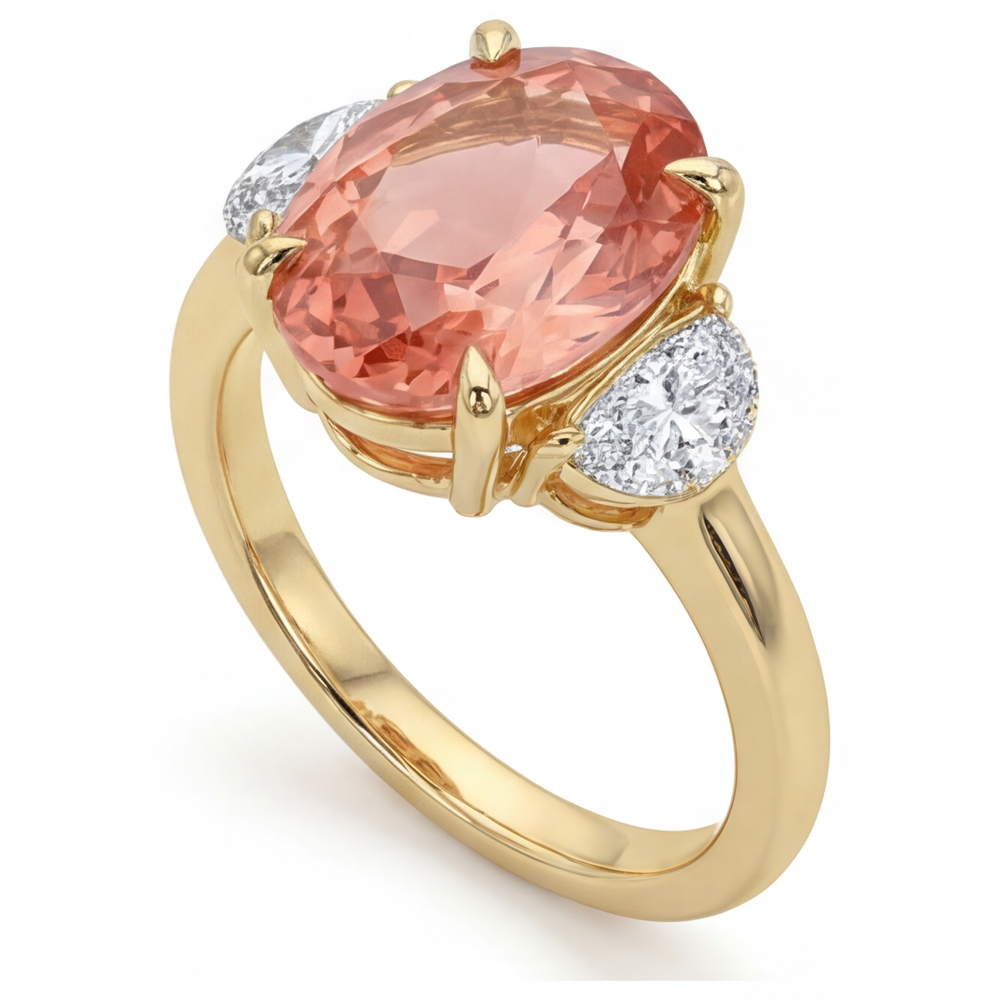 Anello a tre pietre in Oro Giallo 14K con zaffiro Padparadscha ovale naturale color pesca da 2,9 carati e mezze lune bianche