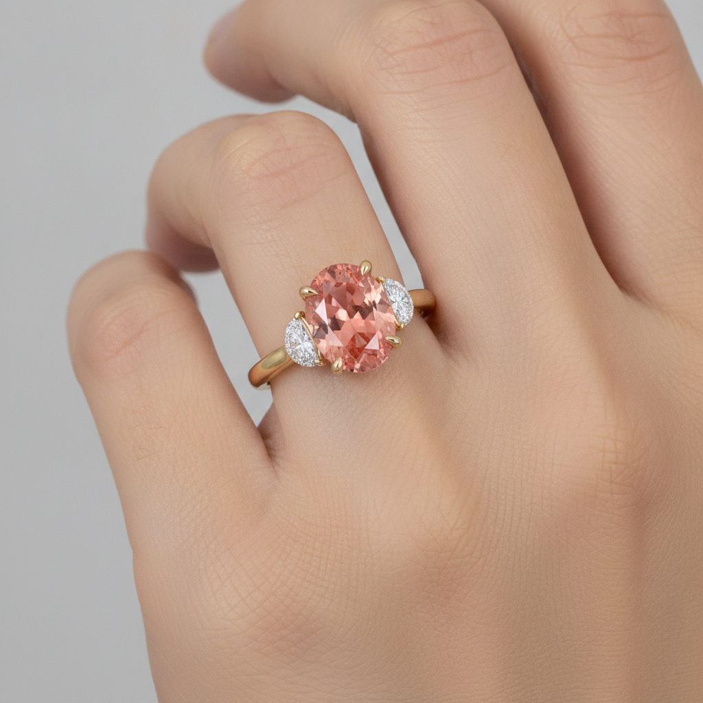 Anello di Fidanzamento a Tre Pietre con Zaffiro Padparadscha Ovale Naturale Color Pesca da 2,9 Carati e Mezze Lune Bianche in Oro Giallo 14K