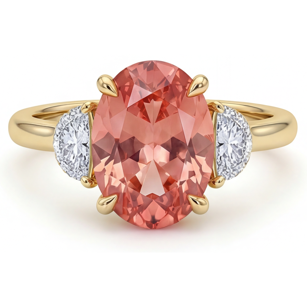Anello di Fidanzamento a Tre Pietre con Zaffiro Padparadscha Ovale Naturale Color Pesca da 2,9 Carati e Mezze Lune Bianche in Oro Giallo 14K