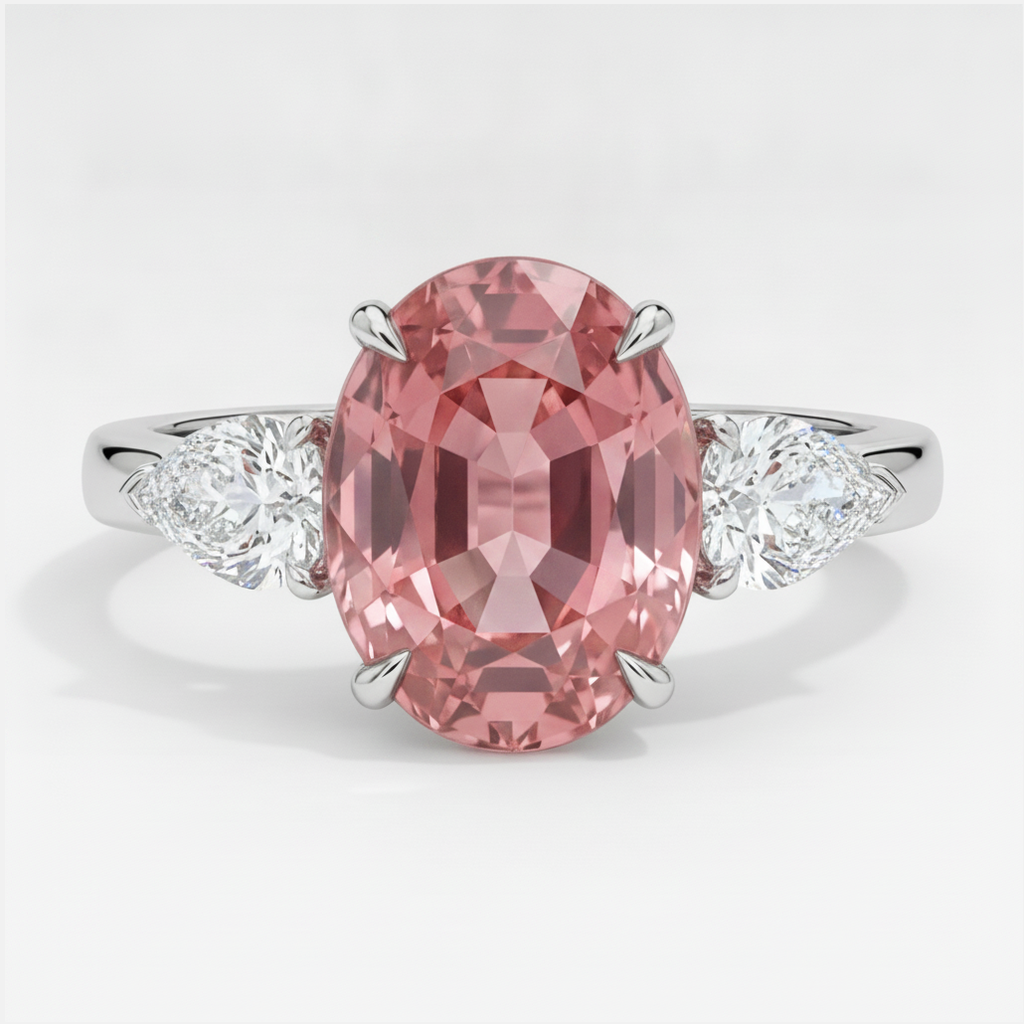 Anello di Fidanzamento con Zaffiro Pesca Padparadscha Naturale Ovale da 4,1 Carati a Tre Pietre in Platino