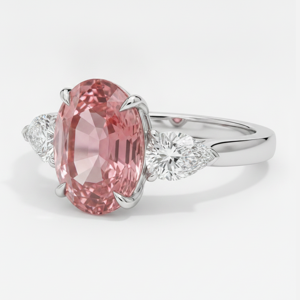 Anello di Fidanzamento con Zaffiro Pesca Padparadscha Naturale Ovale da 4,1 Carati a Tre Pietre in Platino