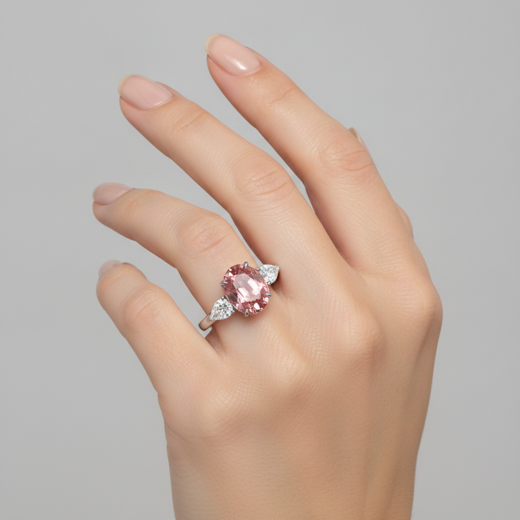 Anello di Fidanzamento con Zaffiro Pesca Padparadscha Naturale Ovale da 4,1 Carati a Tre Pietre in Platino