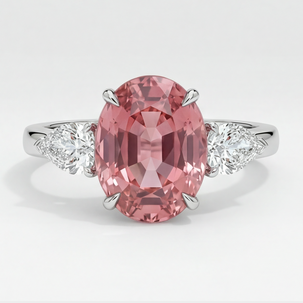 Anello di Fidanzamento con Zaffiro Pesca Padparadscha Naturale Ovale da 4,1 Carati a Tre Pietre in Platino