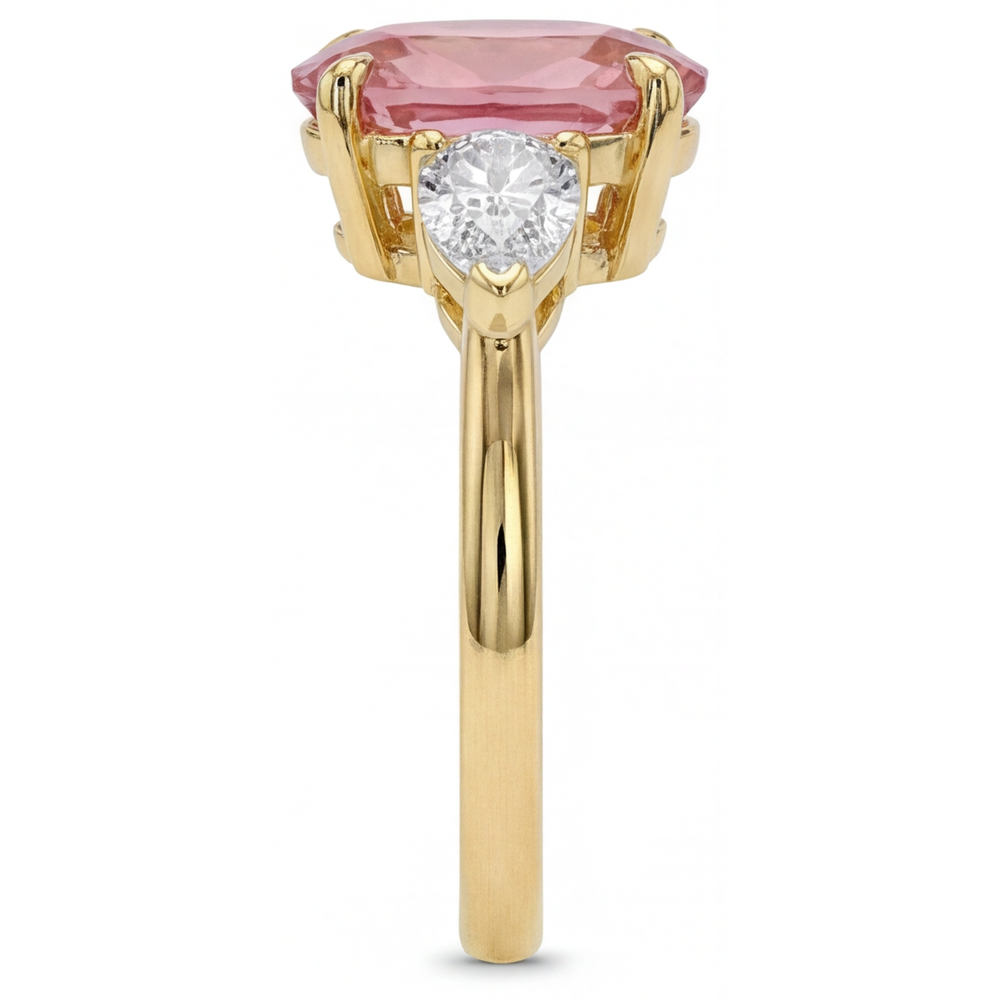 Anello a Tre Pietre in Oro Giallo 14K con Zaffiro Padparadscha Ovale Autentico Color Pesca da 2,9 Carati