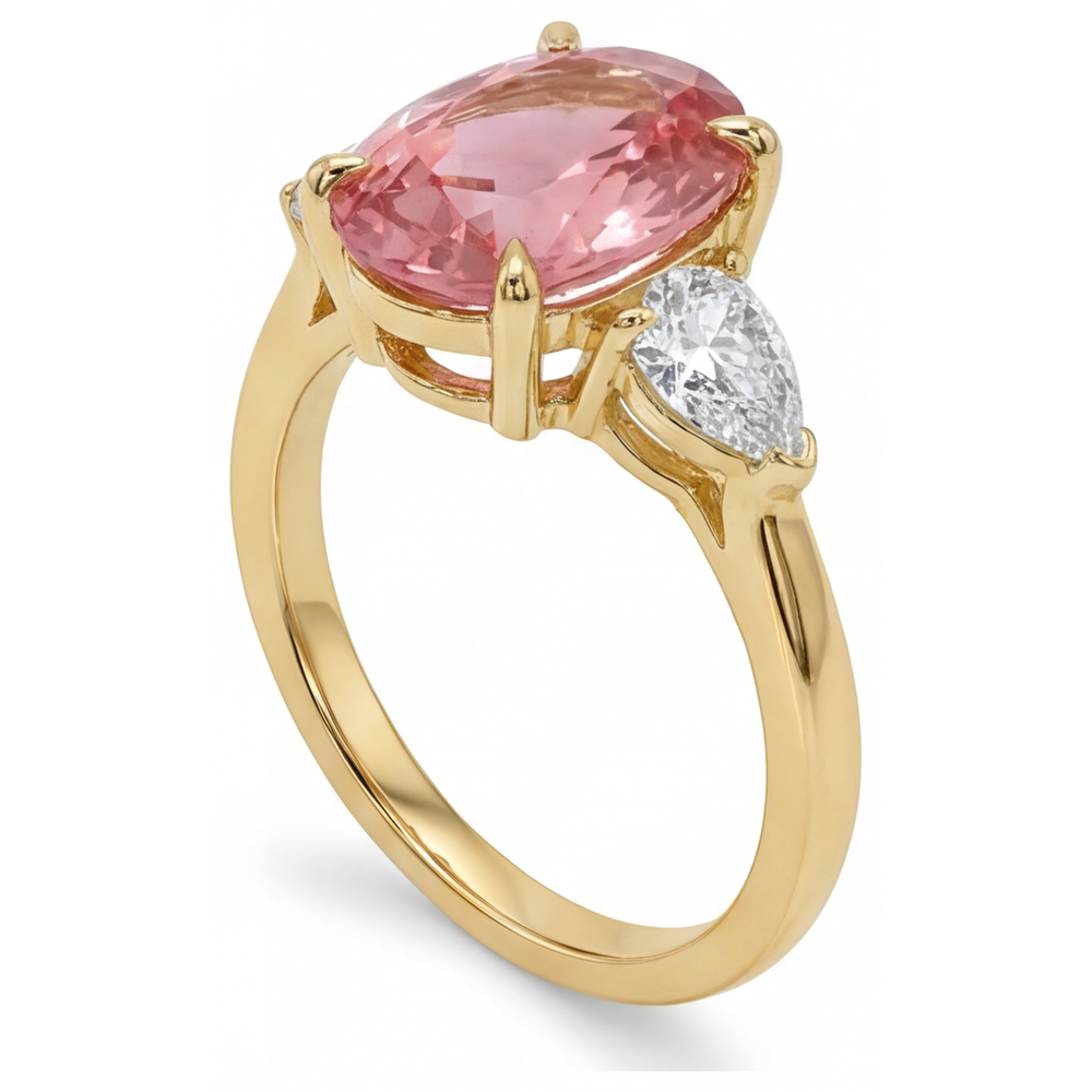 Anello a Tre Pietre in Oro Giallo 14K con Zaffiro Padparadscha Ovale Autentico Color Pesca da 2,9 Carati