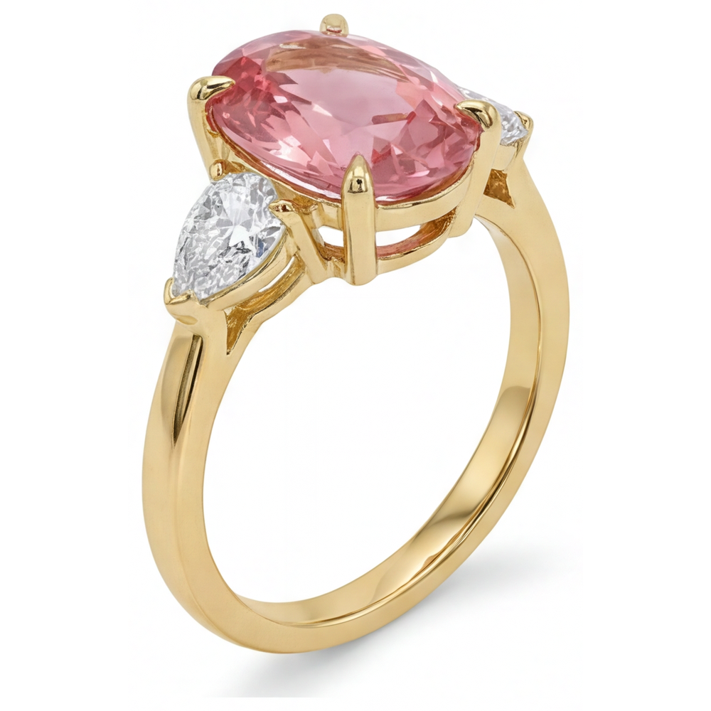 Anello a Tre Pietre in Oro Giallo 14K con Zaffiro Padparadscha Ovale Autentico Color Pesca da 2,9 Carati