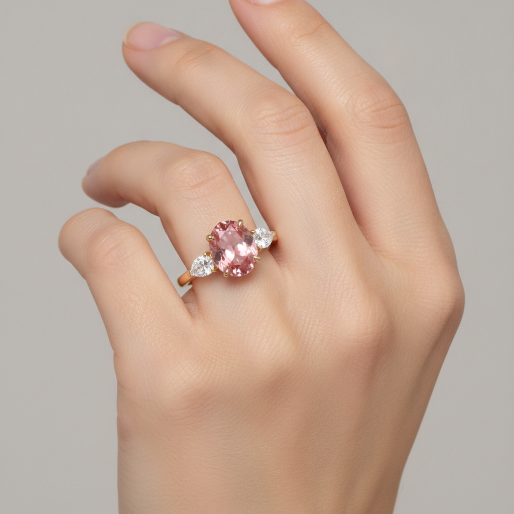 Anello a Tre Pietre in Oro Giallo 14K con Zaffiro Padparadscha Ovale Autentico Color Pesca da 2,9 Carati