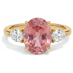Anello a Tre Pietre in Oro Giallo 14K con Zaffiro Padparadscha Ovale Autentico Color Pesca da 2,9 Carati
