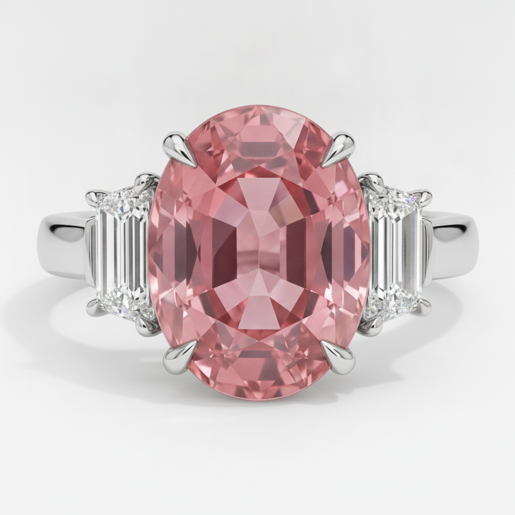 Anello a tre pietre in platino con zaffiro Padparadscha ovale naturale da 3,6 carati e pietre trapezoidali bianche