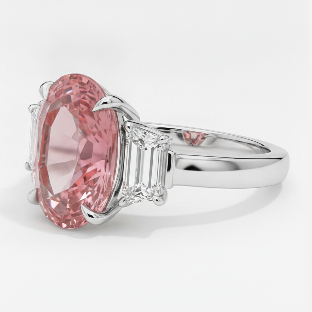 Anello a tre pietre in platino con zaffiro Padparadscha ovale naturale da 3,6 carati e pietre trapezoidali bianche