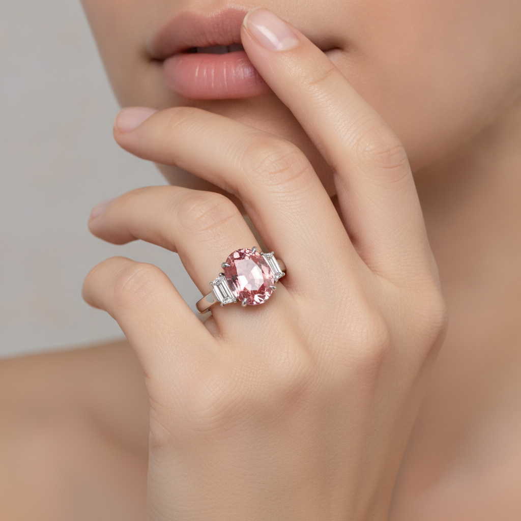 Anello a tre pietre in platino con zaffiro Padparadscha ovale naturale da 3,6 carati e pietre trapezoidali bianche