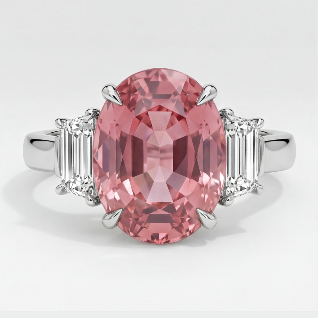Anello a tre pietre in platino con zaffiro Padparadscha ovale naturale da 3,6 carati e pietre trapezoidali bianche