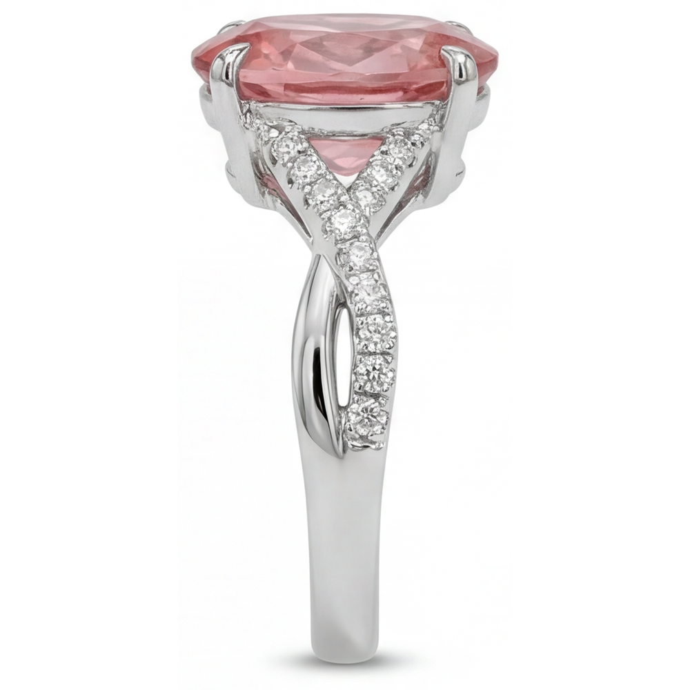 Anello Contrarié in Oro Bianco 14K con Zaffiro Padparadscha Naturale Ovale Color Pesca da 2,8 Carati