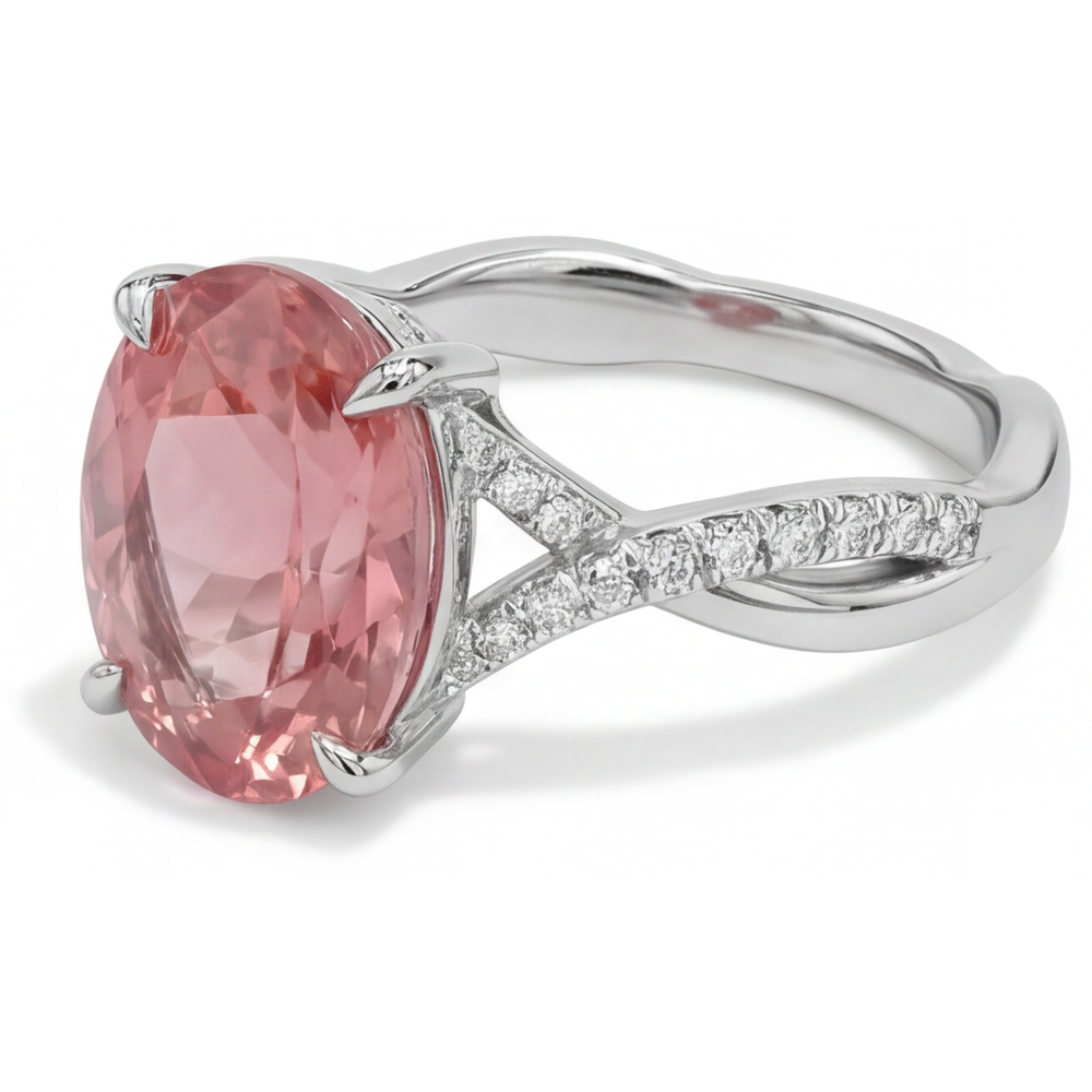 Anello Contrarié in Oro Bianco 14K con Zaffiro Padparadscha Naturale Ovale Color Pesca da 2,8 Carati