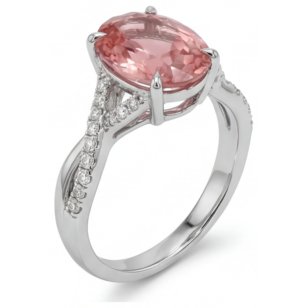 Anello Contrarié in Oro Bianco 14K con Zaffiro Padparadscha Naturale Ovale Color Pesca da 2,8 Carati