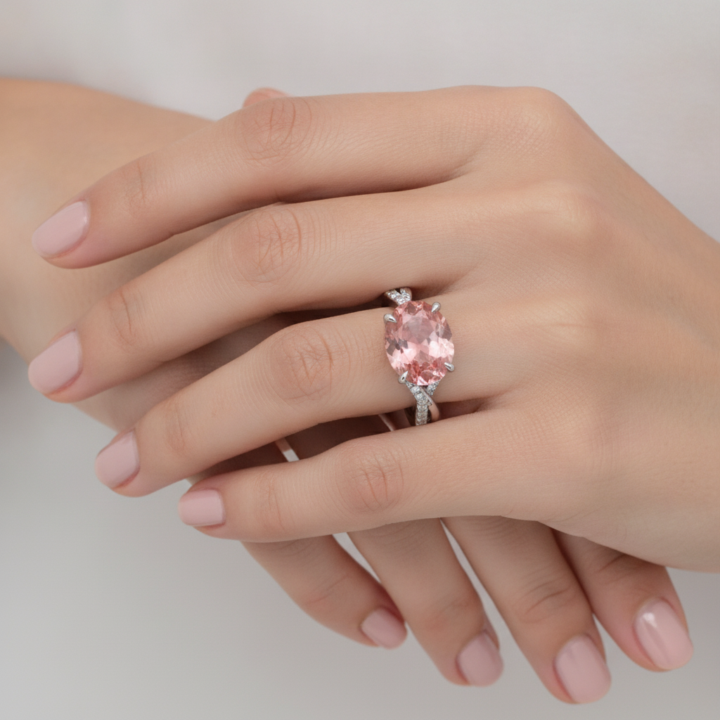 Anello Contrarié in Oro Bianco 14K con Zaffiro Padparadscha Naturale Ovale Color Pesca da 2,8 Carati
