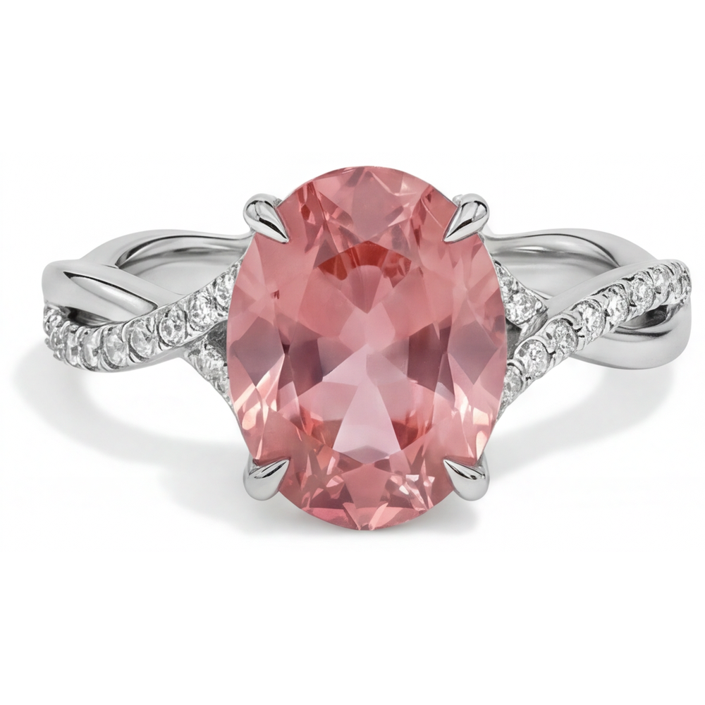Anello Contrarié in Oro Bianco 14K con Zaffiro Padparadscha Naturale Ovale Color Pesca da 2,8 Carati