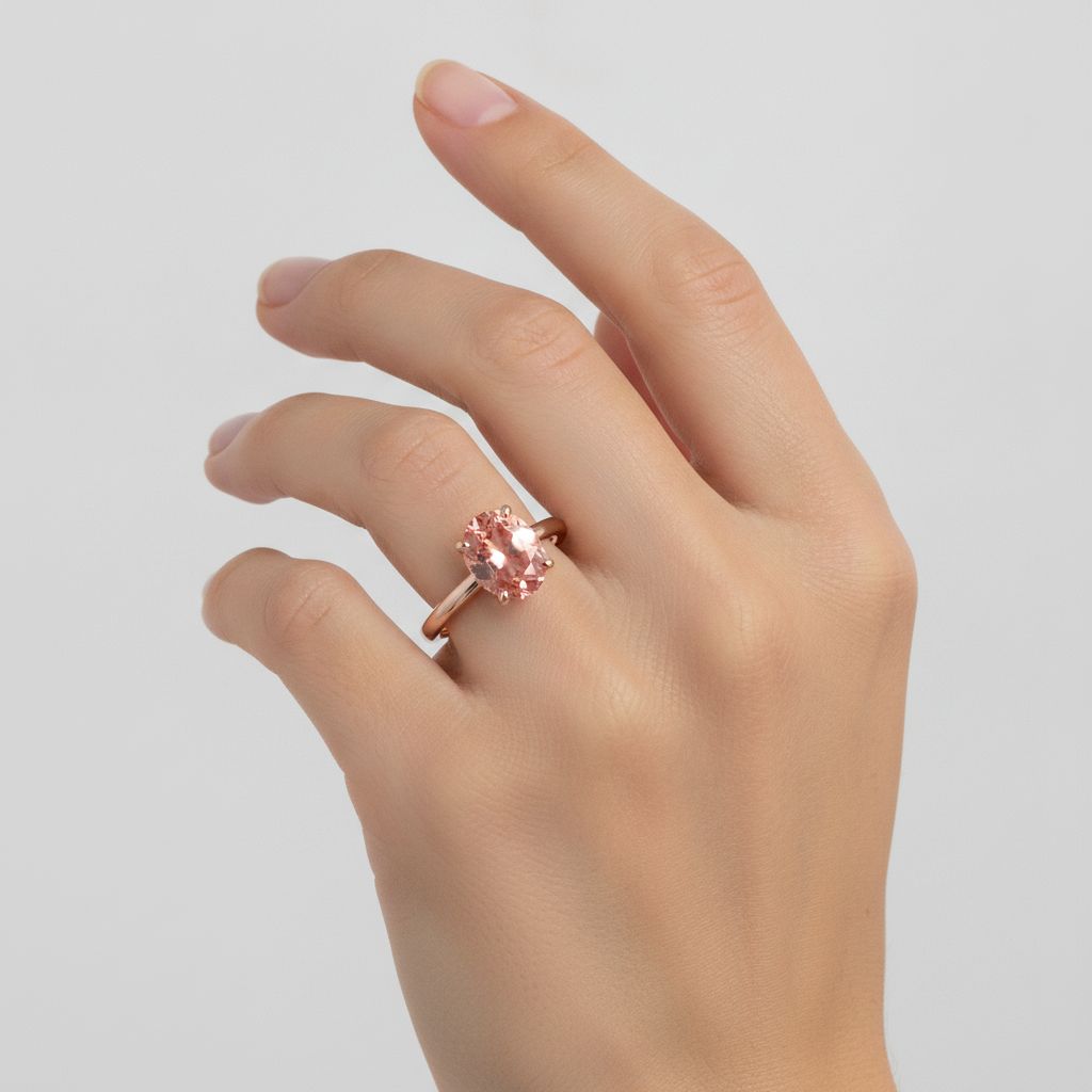 Anello Solitario in Oro Rosa con Zaffiro Padparadscha Pesca Naturale Ovale da 2,2 Carati