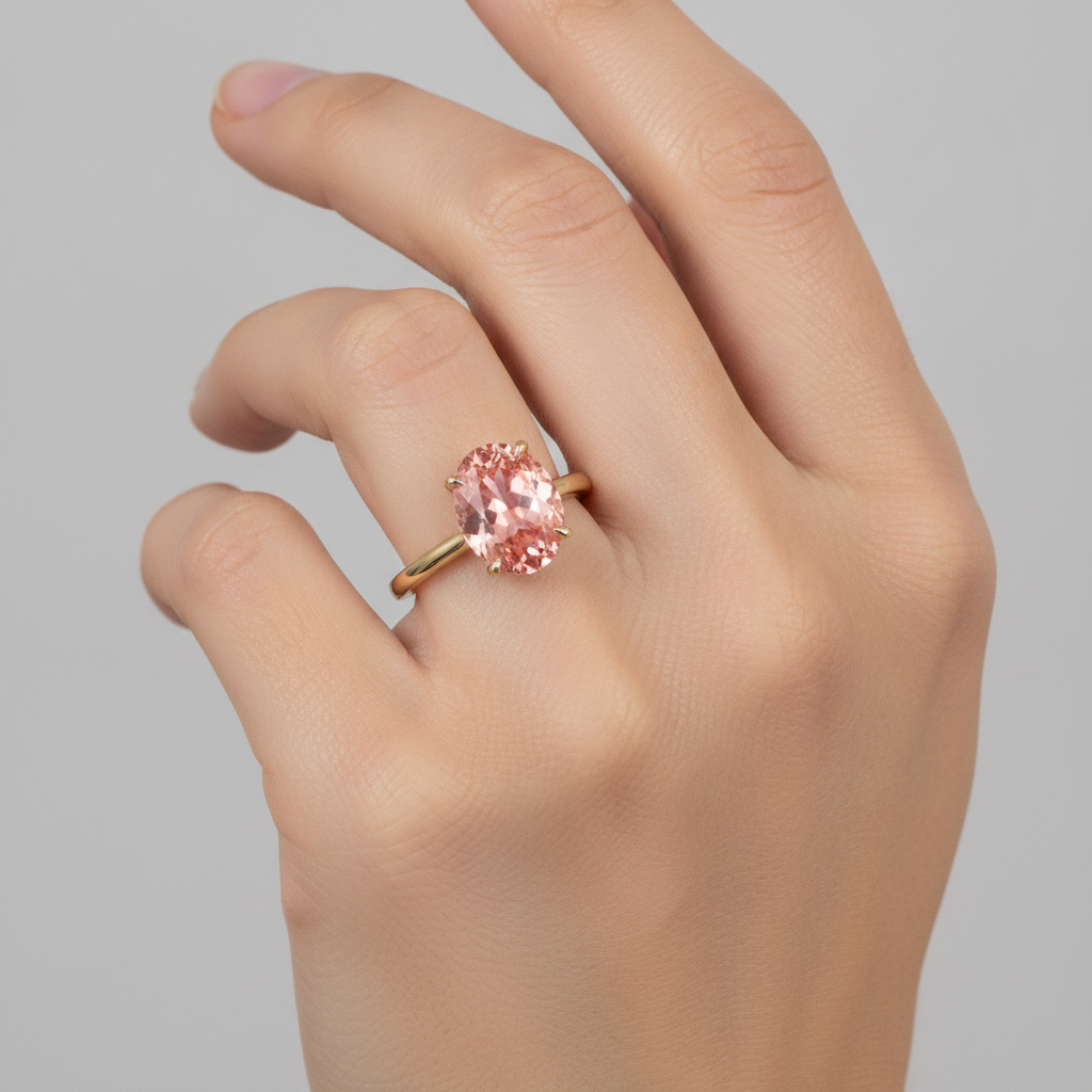 Gioielli con Zaffiro Pesca - Anello Solitario con Zaffiro Padparadscha Naturale Ovale da 2,5 Carati in Oro Giallo 14K