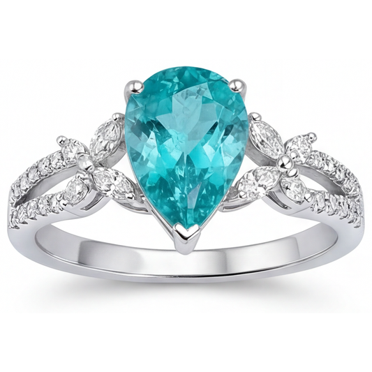 Taglio a Pera Paraiba Neon anello in Oro Bianco 14K – vista dall'alto
