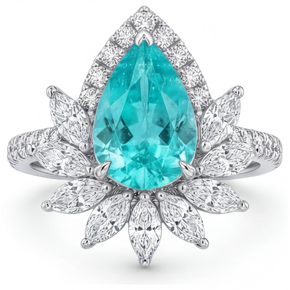 Paraiba Neon Goccia Anello con Pavé Halo in Oro Bianco 14K – vista frontale