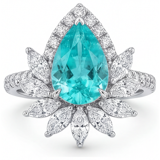 Paraiba Neon Goccia Anello con Pavé Halo in Oro Bianco 14K – vista frontale