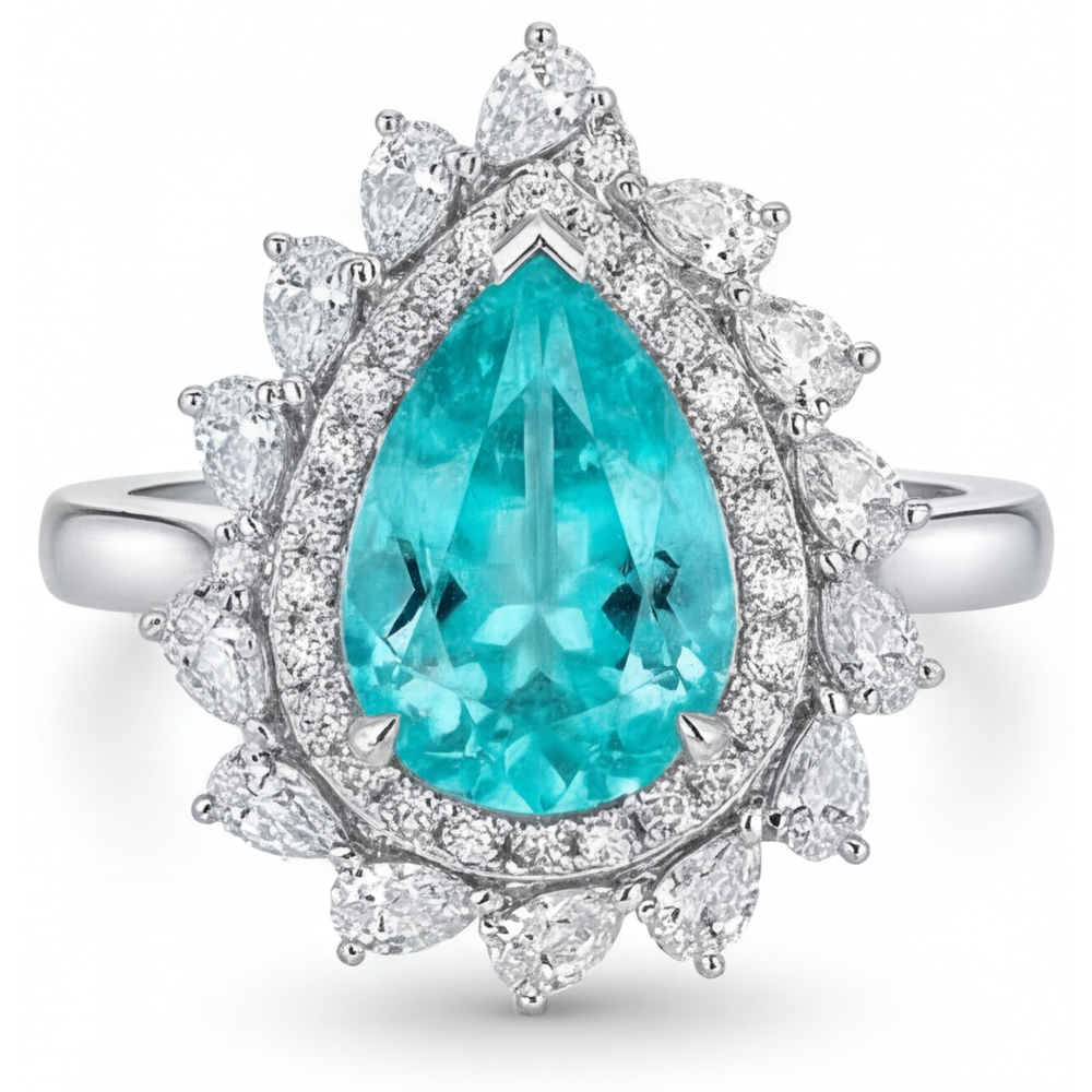 Paraiba Neon Taglio a Pera Anello con Pavé Halo in Oro Bianco 14K – vista principale