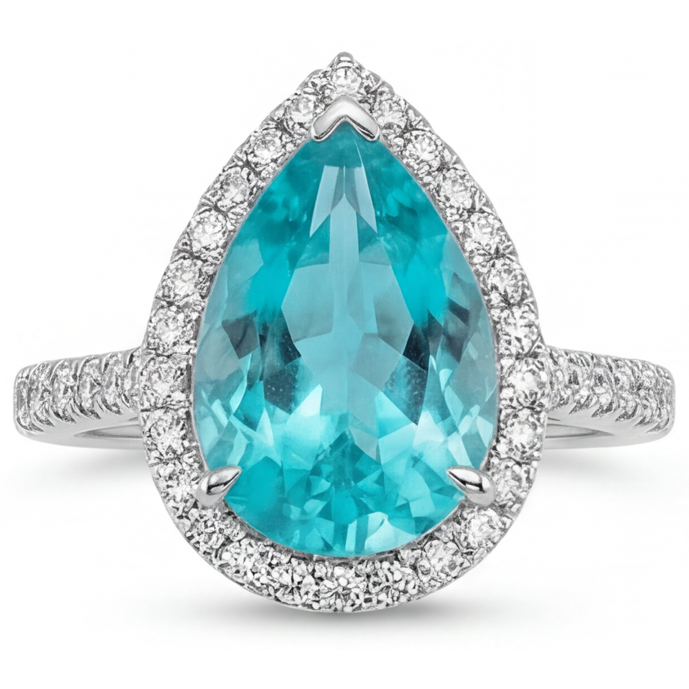Anello di Fidanzamento Halo Oro 14 Carati Bianco con Paraiba Neon – vista frontale
