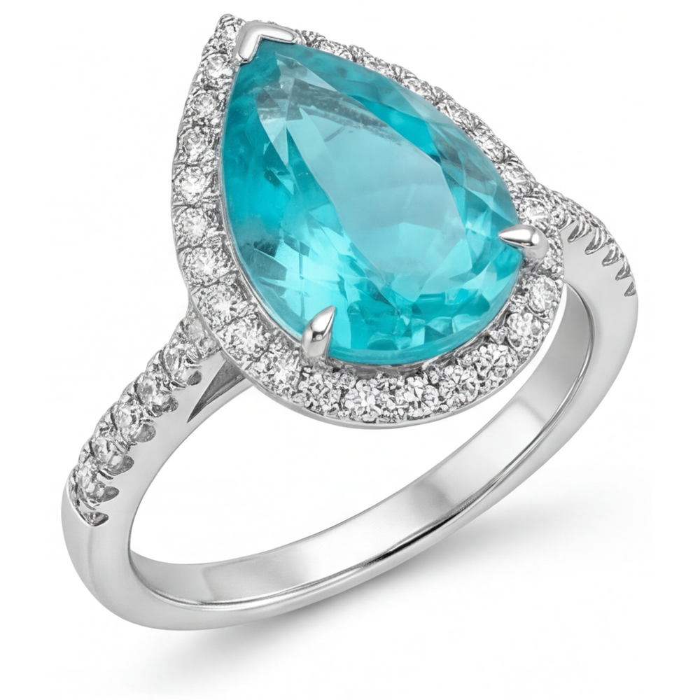 Paraiba Neon Anello di Fidanzamento Halo 5,50-carati Oro 14 Carati Bianco – vista laterale