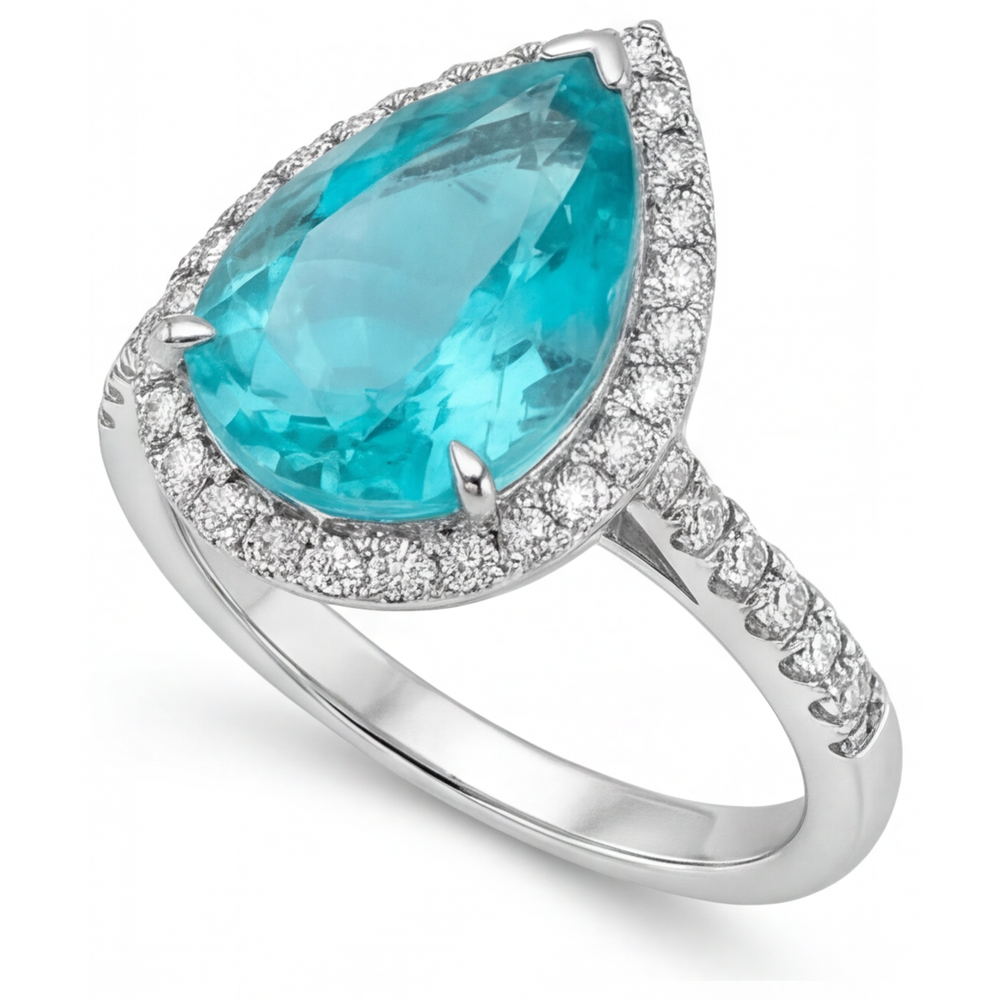 Paraiba Neon Anello di Fidanzamento Halo 5,50 carati Oro 14 Carati Bianco – vista angolare