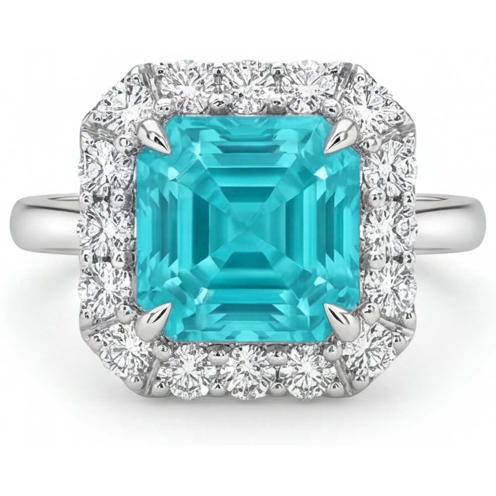 Paraiba Neon Anello Halo 3,50 carati Oro Bianco 14K – vista principale