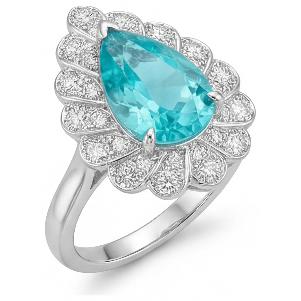 Paraiba Neon Goccia Anello Halo in Oro Bianco 14K – vista frontale