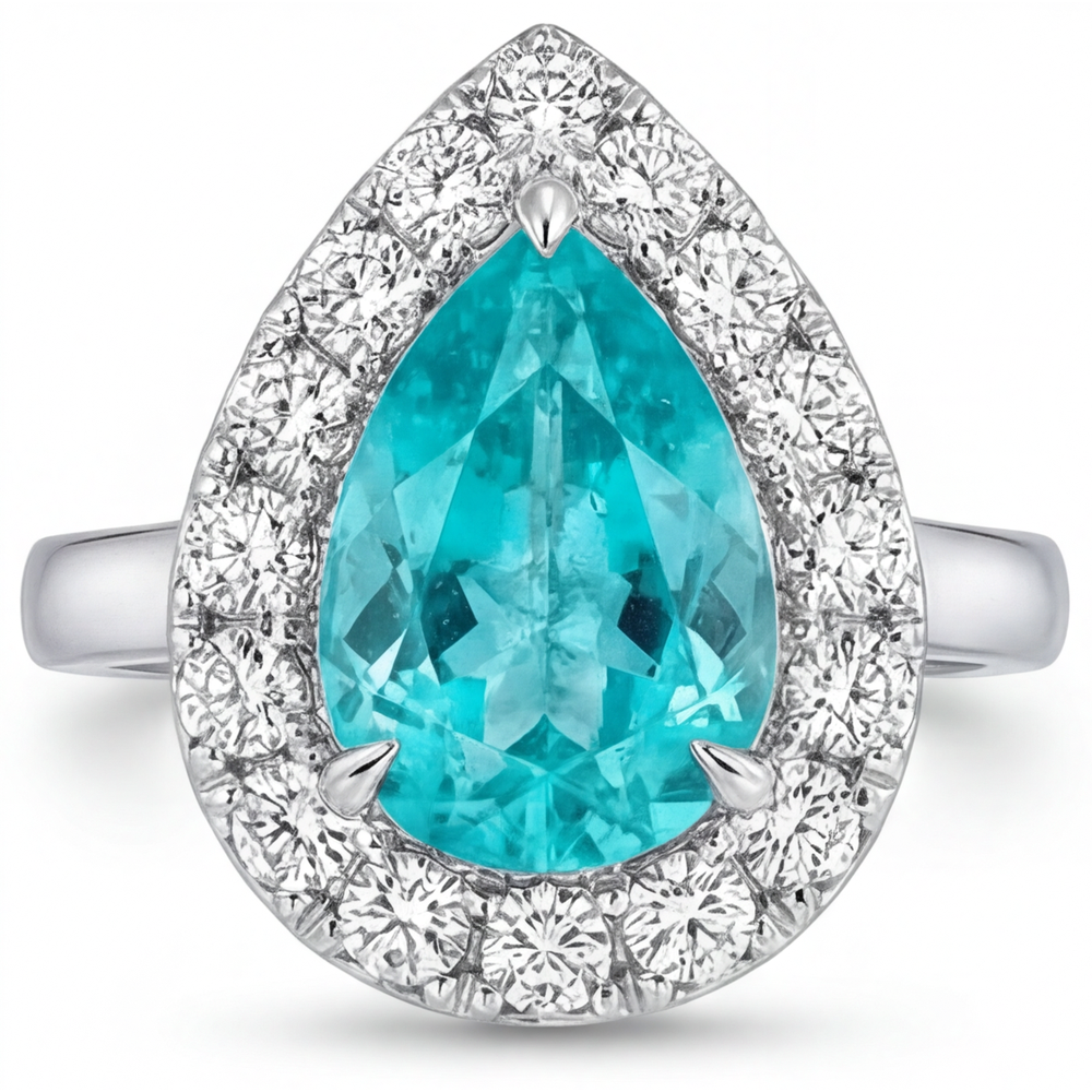 Paraiba Neon Goccia Anello Halo in Oro Bianco 14K – vista frontale