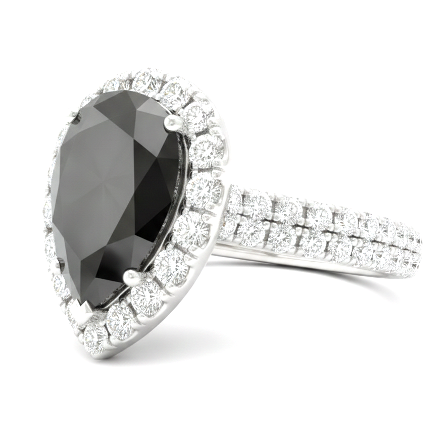 Anello con Diamante Nero Naturale da 6 Carati Taglio a Goccia Halo in Oro Bianco 14 Carati