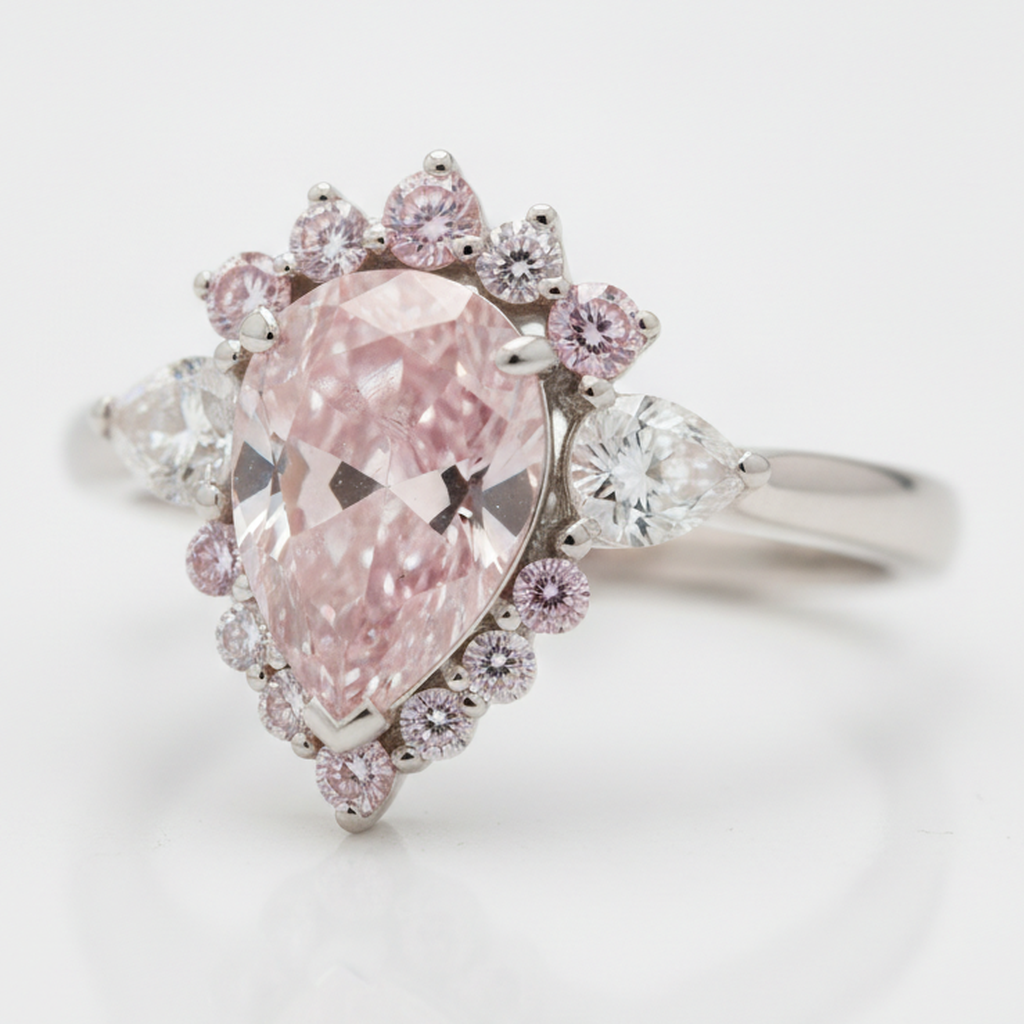 Anello di Fidanzamento in Platino con Diamante Fancy Rosa Naturale Taglio a Goccia da 2 Carati e Semi Halo