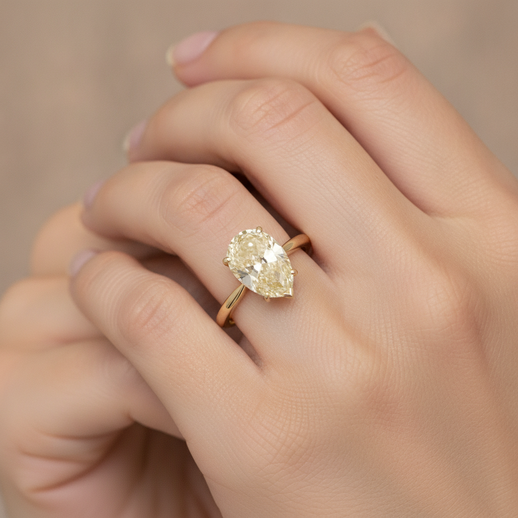 Anello di Fidanzamento Solitario con Larimar e Diamante a Goccia Giallo Fantasia Naturale da 2 Carati in Oro 18K