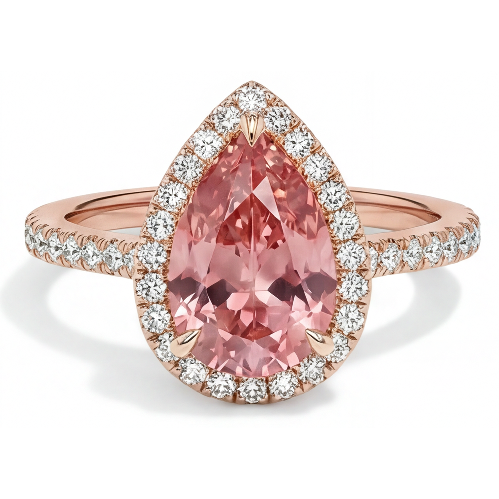 Anello di Fidanzamento con Zaffiro Padparadscha Pesca Naturale a Goccia da 2,8 Carati, Halo Pavé in Oro Rosa 14K