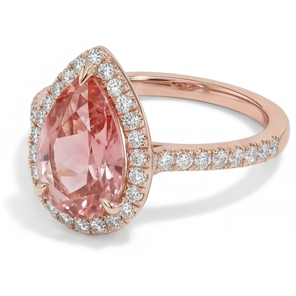 Anello con Zaffiro Pesca Padparadscha Naturale a Goccia da 2,8 Carati Halo Pavé in Oro Rosa 14K