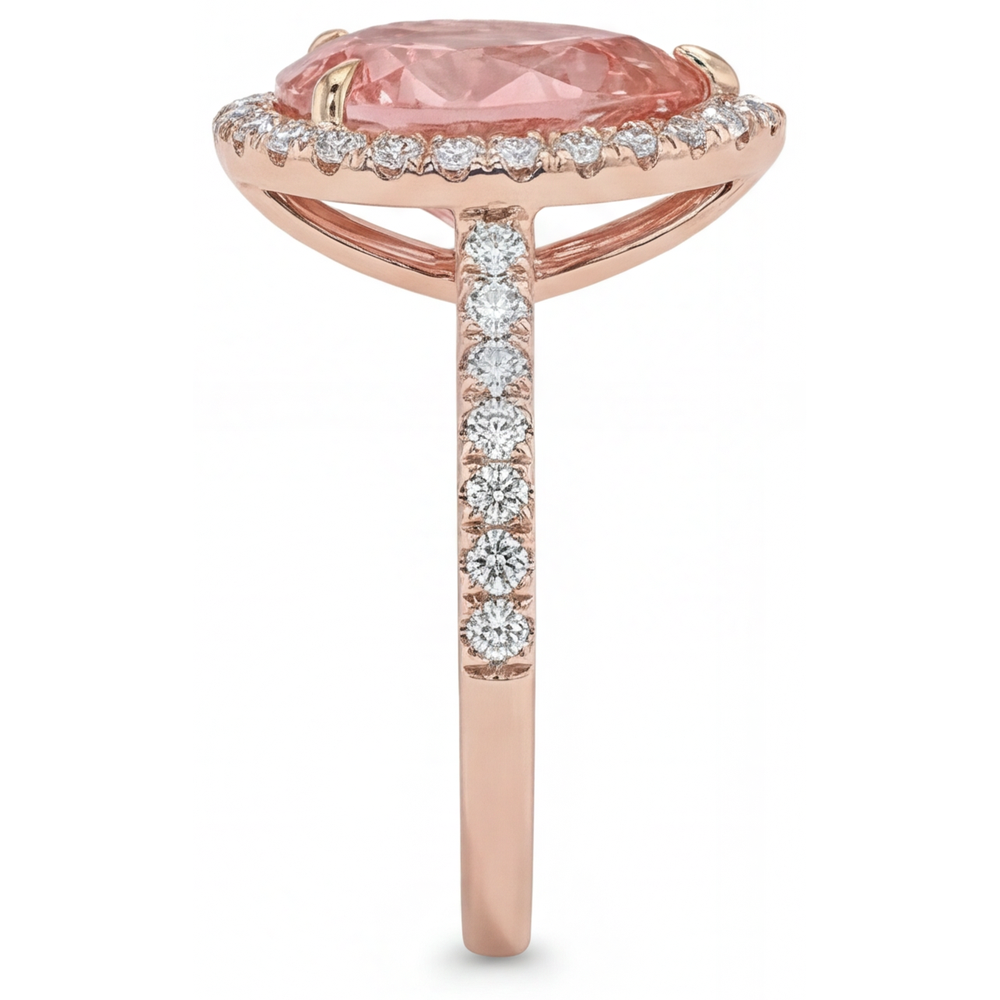 Anello di Fidanzamento con Zaffiro Padparadscha Pesca Naturale a Goccia da 2,8 Carati, Halo Pavé in Oro Rosa 14K