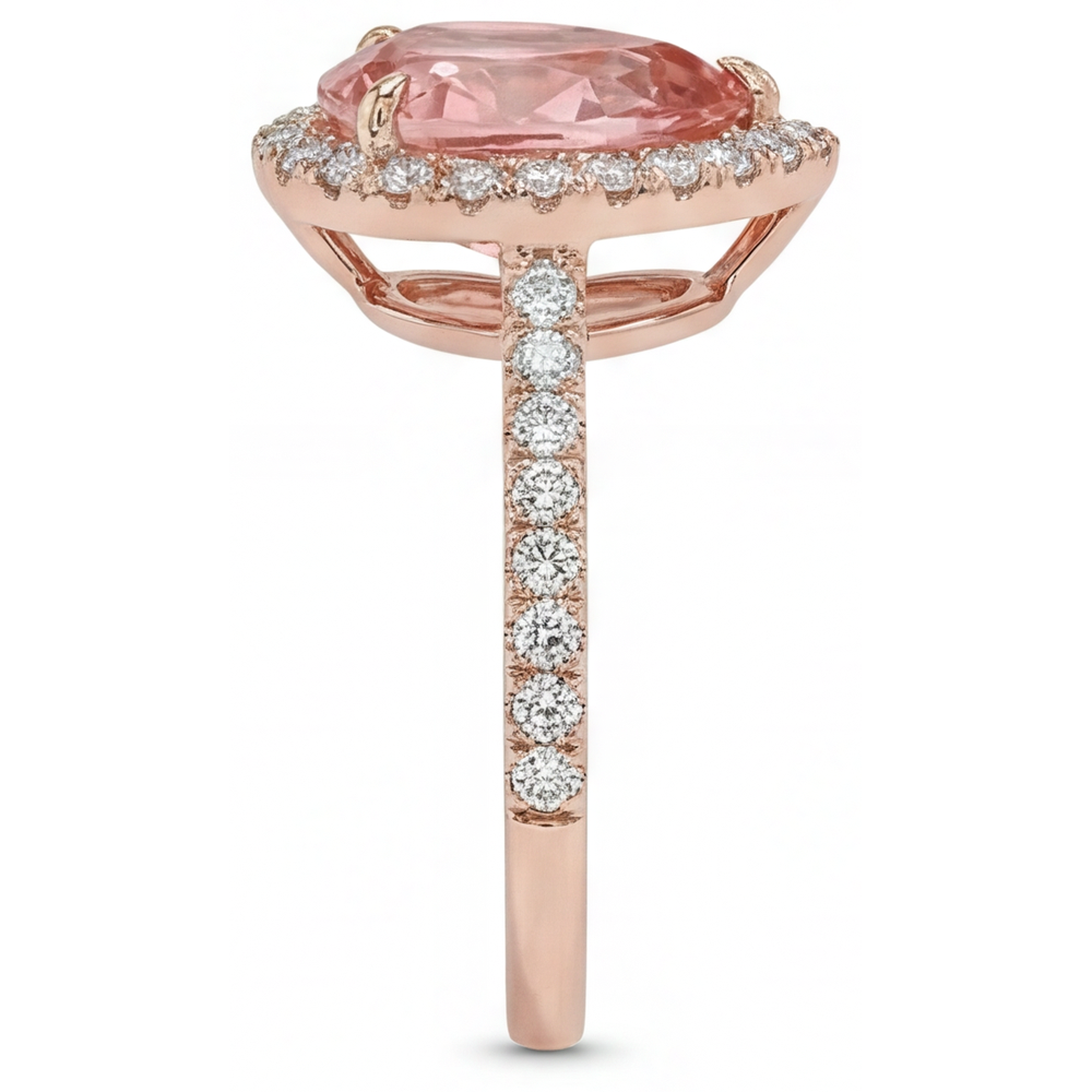 Anello con Zaffiro Pesca Padparadscha Naturale a Goccia da 2,8 Carati Halo Pavé in Oro Rosa 14K