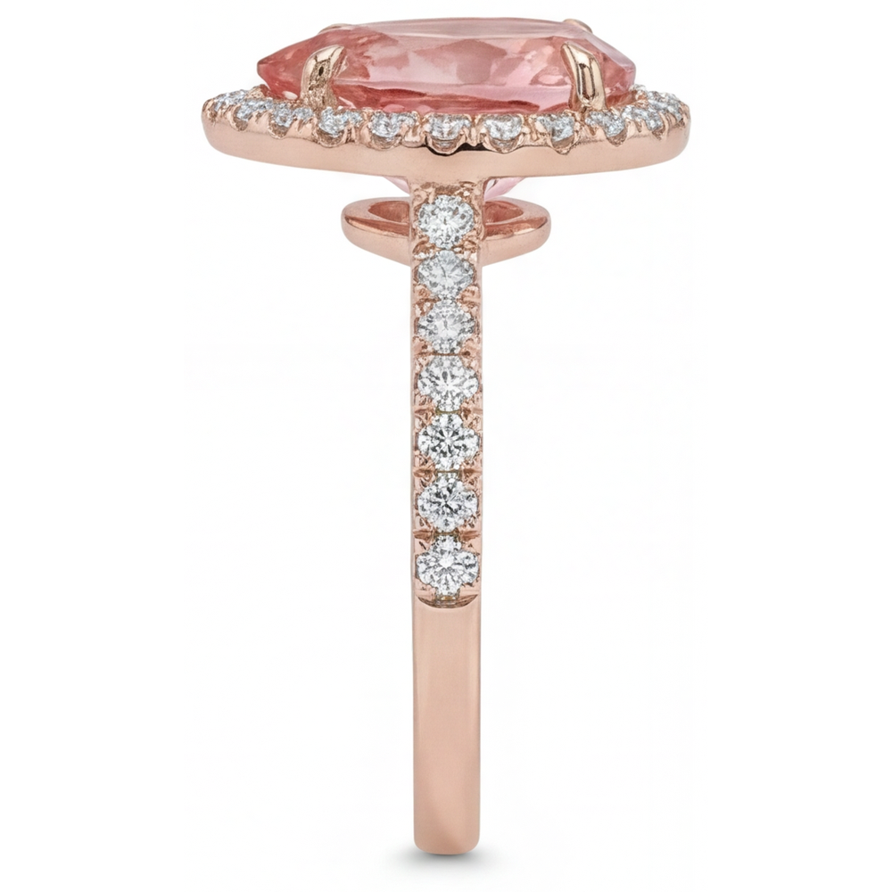 Anello Halo Pavé in Oro Rosa 14K con Zaffiro Padparadscha Pesca Naturale a Goccia da 2,8 Carati