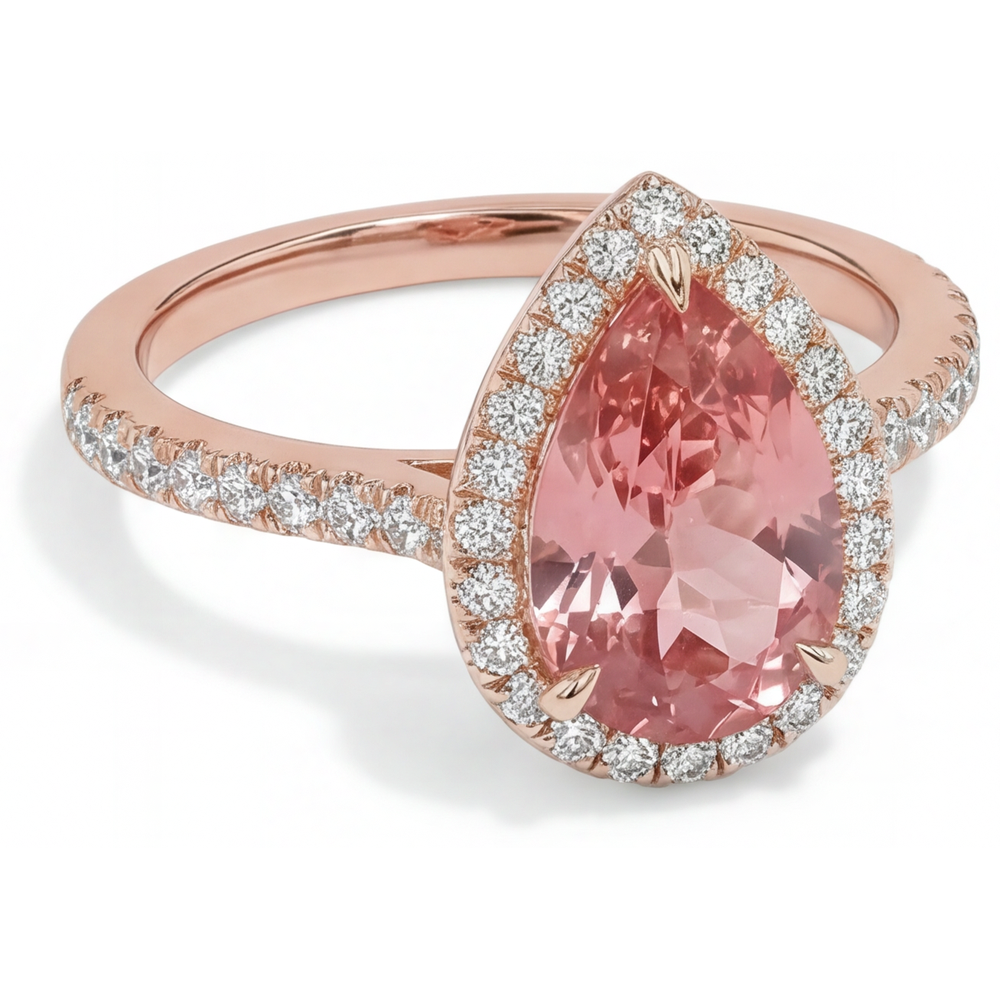 Anello Halo Pavé in Oro Rosa 14K con Zaffiro Padparadscha Pesca Naturale a Goccia da 2,8 Carati